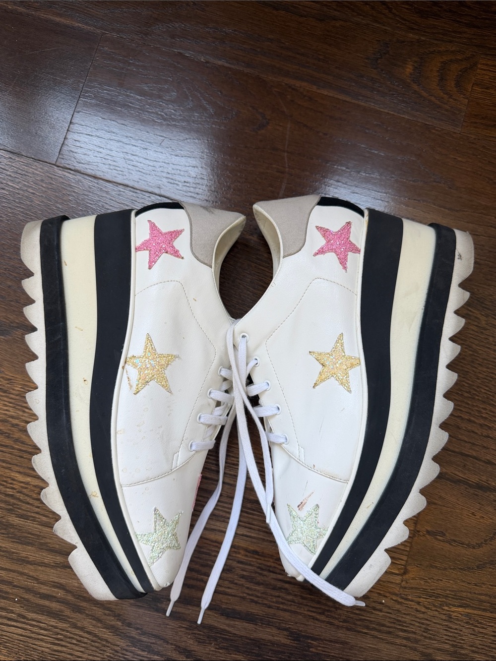 STELLA MCCARTNEY White Platform Sneakers Glitter Yellow Pink Green Stars Sz 38.5 - Picture 6 of 16